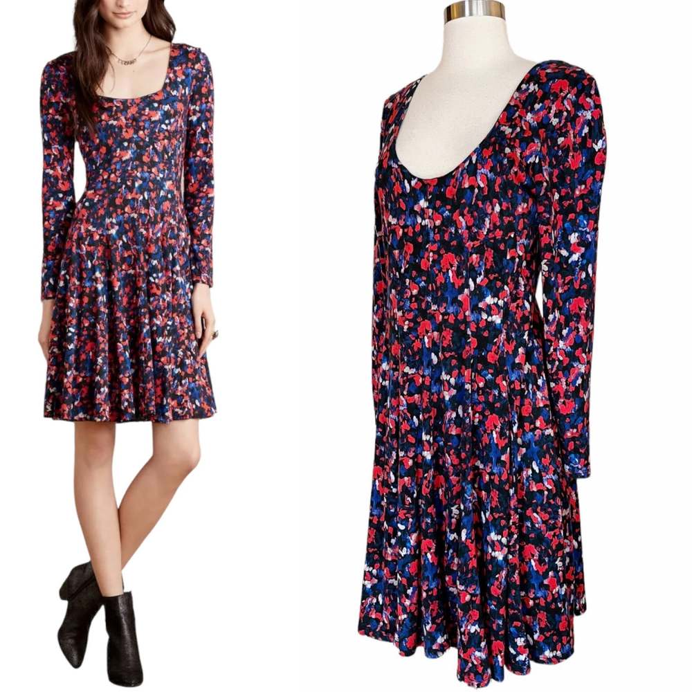 ANTHROPOLOGIE Saraid Dress Floral Bold Red Blue Black Midi Jersey Long Sleeves